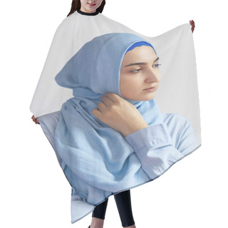 Personality  Beautiful Muslim Woman In Hijab Against White Background. Portrait Of Pretty Middle-eastern Female Wearing Traditional Islamic Dress - Abaya. Young Girl In Stylish Muslim Clothing Hair Cutting Cape