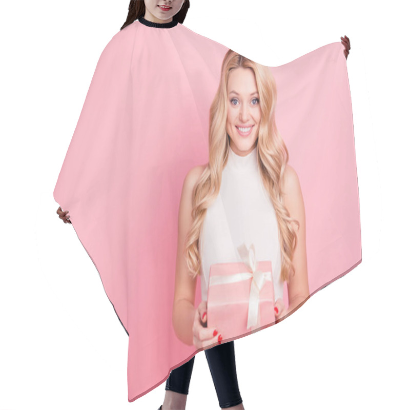 Personality  Portrait With Copy Space, Empty Place Of Pretty, Charming, Cute, Lovely, Sweet, Cheerful Girlfriend Having Packed Gift Box In Hands Looking At Camera Isolated On Pink Background.Advertisement Concept Hair Cutting Cape