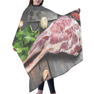 Personality  Whole Raw Goat Leg With Herbs And Spices. Farm Meat. Dark Wooden Background. Top View. Hair Cutting Cape