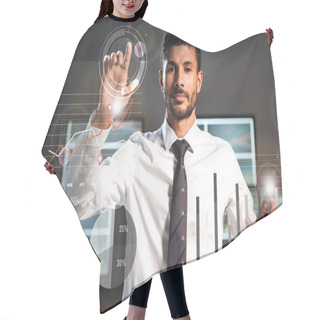 Personality  Selective Focus Of Handsome Bi-racial Trader Pointing With Fingers Near Computers On Background  Hair Cutting Cape