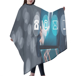 Personality  Businessman Hand Tablet With  Virtual Buttons In Screen Hair Cutting Cape