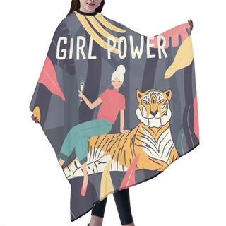 Personality  A Woman In A Jungle Sitting On A Tiger Drinking Champagne. Girl Power Feminism Concept. Flat Vector Illustration Hair Cutting Cape
