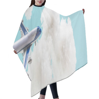 Personality  Toy Plane Flying Among White Fluffy Clouds Made Of Cotton Wool Isolated On Blue, Panoramic Shot Hair Cutting Cape