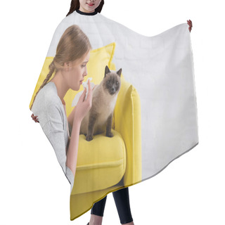 Personality  Side View Of Woman With Napkin Looking At Siamese Cat During Allergy At Home  Hair Cutting Cape