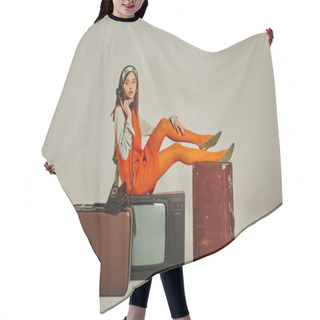 Personality  Retro Style Woman Sitting On Vintage Suitcases And Tv Set While Talking On Corded Phone On Grey Hair Cutting Cape