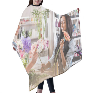 Personality  Multiethnic Florists In Flower Shop  Hair Cutting Cape