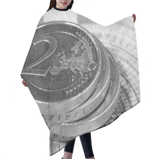 Personality  Euro Money: Closeup Of Banknotes And Coins, Black  White Image Hair Cutting Cape