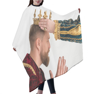 Personality  Cropped View Of Man Putting Crown On King With Praying Hands On Grey Background  Hair Cutting Cape