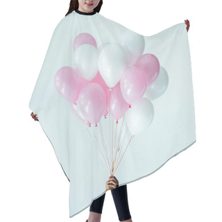 Personality  Cropped Shot Of Hands Holding Bunch Of Pink And White Balloons Isolated On Grey Hair Cutting Cape