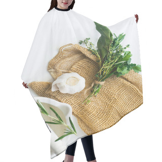 Personality  Bouquet Garni With Bay Leaves And Fresh Herbs With Mortar And Pestle On Rustic Towel  Isolated On White Background, Close-up  Hair Cutting Cape