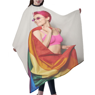 Personality  Young And Happy Female Activist With Pink Hair And Sunglasses Posing With Lgbt Rainbow Flag On Grey Hair Cutting Cape