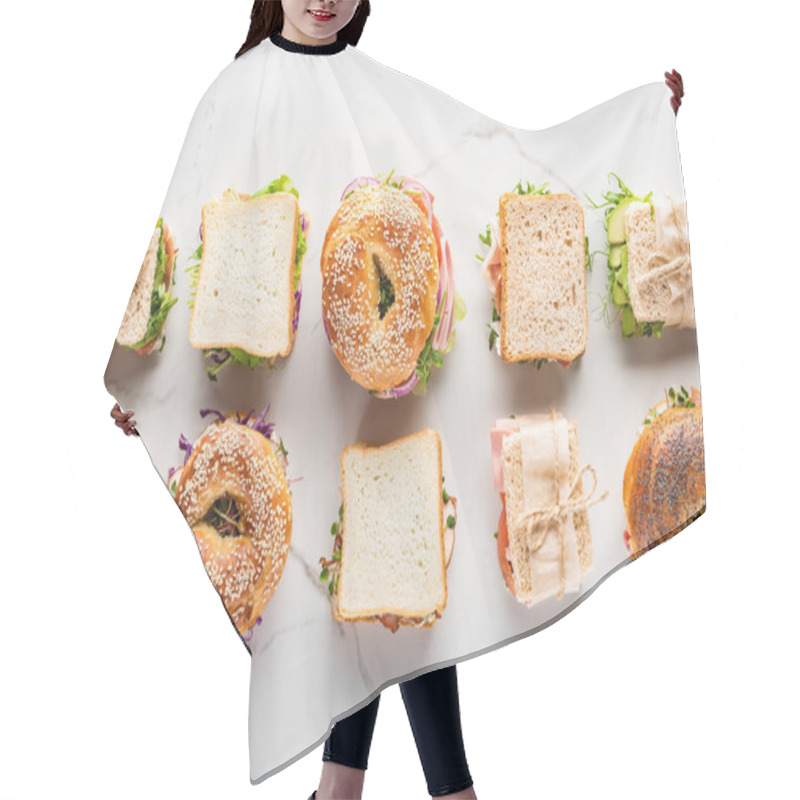 Personality  Flat Lay With Fresh Sandwiches And Bagels On Marble White Surface Hair Cutting Cape