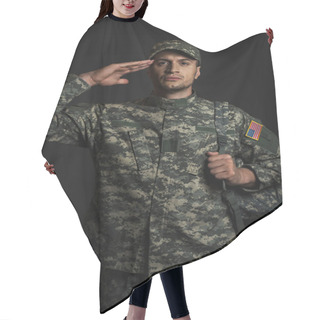 Personality  Patriotic Soldier In Uniform With American Flag Saluting Isolated On Black  Hair Cutting Cape