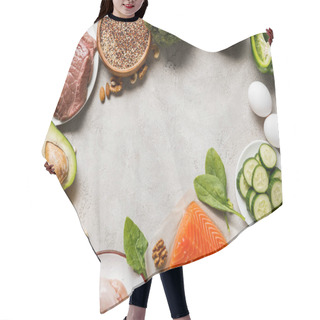 Personality  Top View Of Raw Salmon, Chicken Breasts And Meat Near Nuts, Dairy Products And Vegetables On Grey Background With Copy Space, Keto Diet Menu Hair Cutting Cape