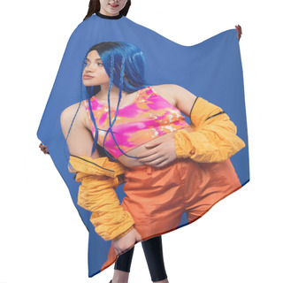 Personality  Fashion Statement,, Young Woman With Dyed Hair Posing In Puffer Jacket On Blue Background, Vibrant Color, Urban Fashion, Individualism, Young Woman With Rebel Style, Female Model With Blue Hair  Hair Cutting Cape