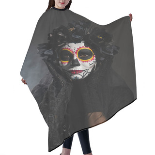 Personality  Woman In Black Wreath Holding Hands Near Face With Sugar Skull Makeup On Dark Smoky Background Hair Cutting Cape