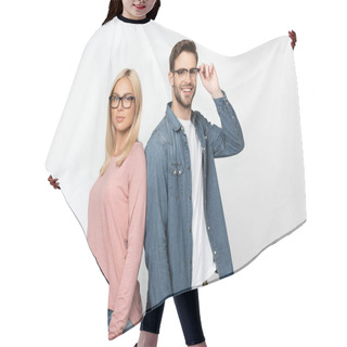 Personality  Smiling Man Touching Optical Eyeglasses Near Blonde Girlfriend Isolated On Grey Hair Cutting Cape