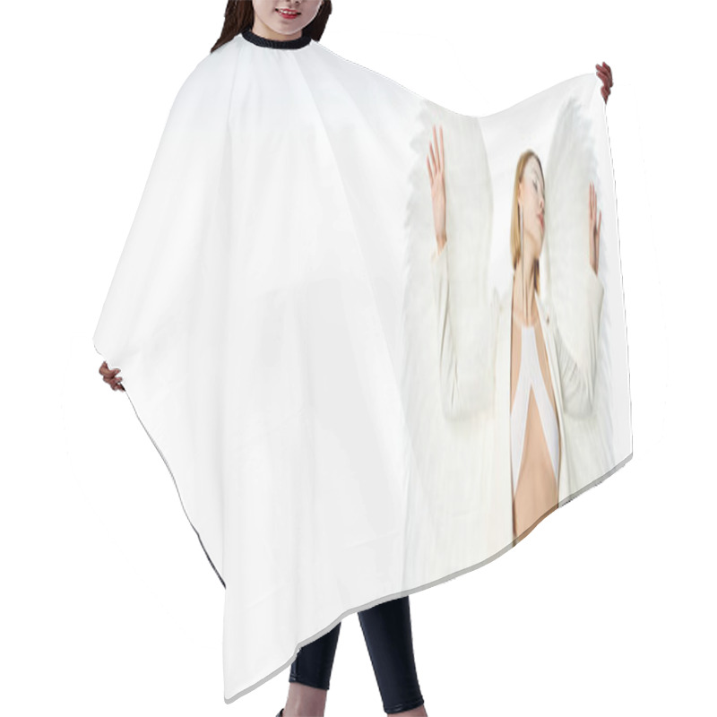 Personality  Divine Beauty, Woman In Costume Of Light Winged Angel Standing With Closed Eyes On White, Banner Hair Cutting Cape