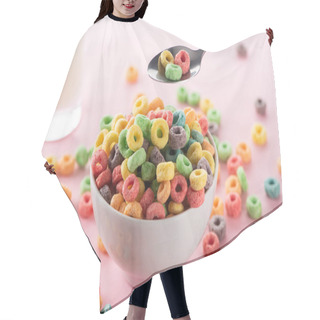 Personality  Selective Focus Of Bright Multicolored Breakfast Cereal In Bowl Near Glass Of Milk And Spoon On Pink Background Hair Cutting Cape