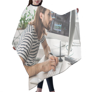 Personality  Side View Of Bearded Art Editor Working In Studio  Hair Cutting Cape