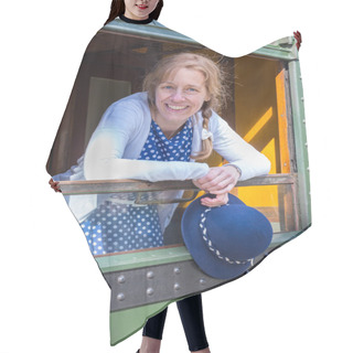 Personality  Dutch Woman In Old-fashioned Clothes Holding Hat In Train Window Hair Cutting Cape