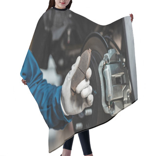 Personality  Cropped View Of Mechanic Holding Brake Pad Near Assembled Disc Brakes Hair Cutting Cape