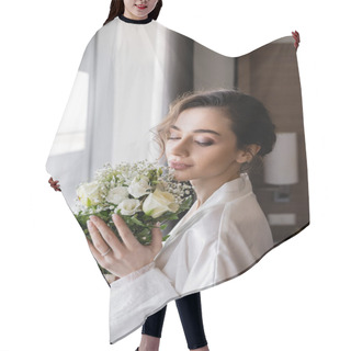 Personality  Young Woman With Engagement Ring On Finger Standing In White Silk Robe And Looking At Floral Bridal Bouquet Next To Window In Hotel Suite, Special Occasion, Bride On Wedding Day Hair Cutting Cape