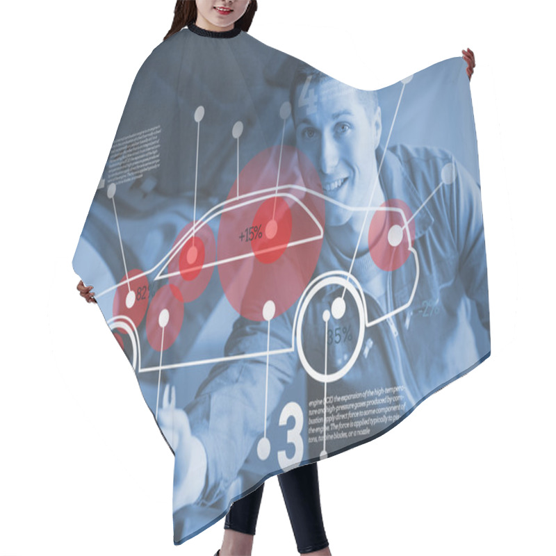 Personality  Mechanic Reparing Car While Consulting Futuristic Interface Hair Cutting Cape