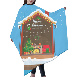 Personality  Christmas House In Cut With Snow. House Interior With A Furniture, Fireplace, Christmas Tree, Gifts, Lights, Decorations. Flat Style Vector Illustration. Hair Cutting Cape