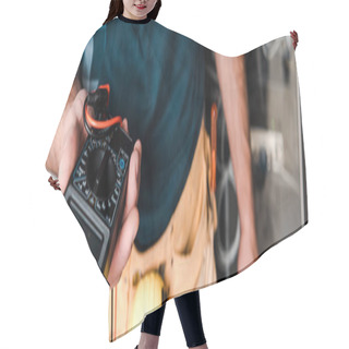 Personality  Panoramic Shot Of Technician Holding Digital Meter  Hair Cutting Cape