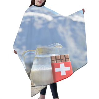 Personality  Swiss Chocolate And Jug Of Milk Against Mountain Peak. Switzerla Hair Cutting Cape