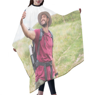 Personality  Traveler With Backpack Taking Selfie On Smartphone On Summer Meadow Hair Cutting Cape