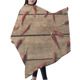 Personality  Top View Of Red Hot Chili Peppers On Wooden Background Hair Cutting Cape