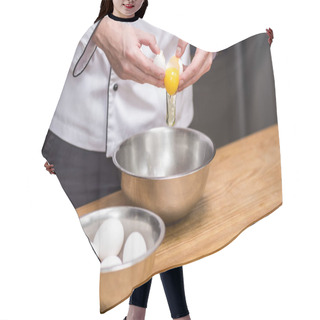 Personality  Cropped Image Of Chef Putting Egg Into Bowl Hair Cutting Cape