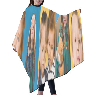 Personality  Collage Of Emotional Children Isolated On Yellow And Blue Hair Cutting Cape
