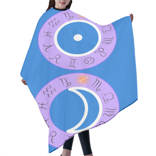 Personality  Sagittarius Sun And Moon Zodiac Signs Highlighted In Orange On A Purple Zodiac Wheel Chart On A Blue Background Hair Cutting Cape