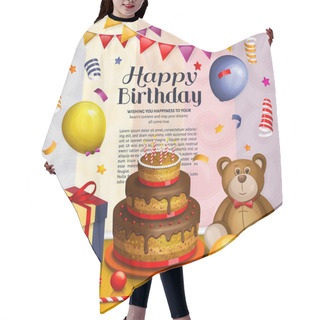 Personality  Happy Birthday Greeting Card. Pile Of Colorful Wrapped Gift Boxes. Lots Of Presents And Toys. Party Balloons, Playing Ball, Bunting Flag, Teddy Bear, Cake, Masquerade, Candy And Confetti. Ornament Hair Cutting Cape