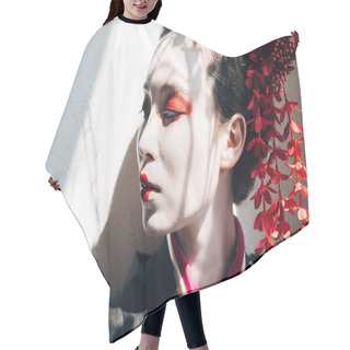 Personality  Portrait Of Beautiful Geisha With Red And White Makeup In Sunlight With Shadows Hair Cutting Cape