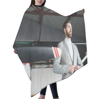 Personality  Bearded Man In Suit Buttoning Blazer Near Helicopter  Hair Cutting Cape