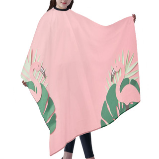 Personality  Top View Of Paper Cut Flamingos On Green Palm Leaves On Pink Background With Copy Space Hair Cutting Cape