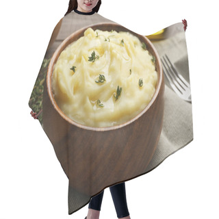 Personality  Bowl Of Delicious Mashed Potato With Thyme On Grey Tablecloth, Closeup Hair Cutting Cape