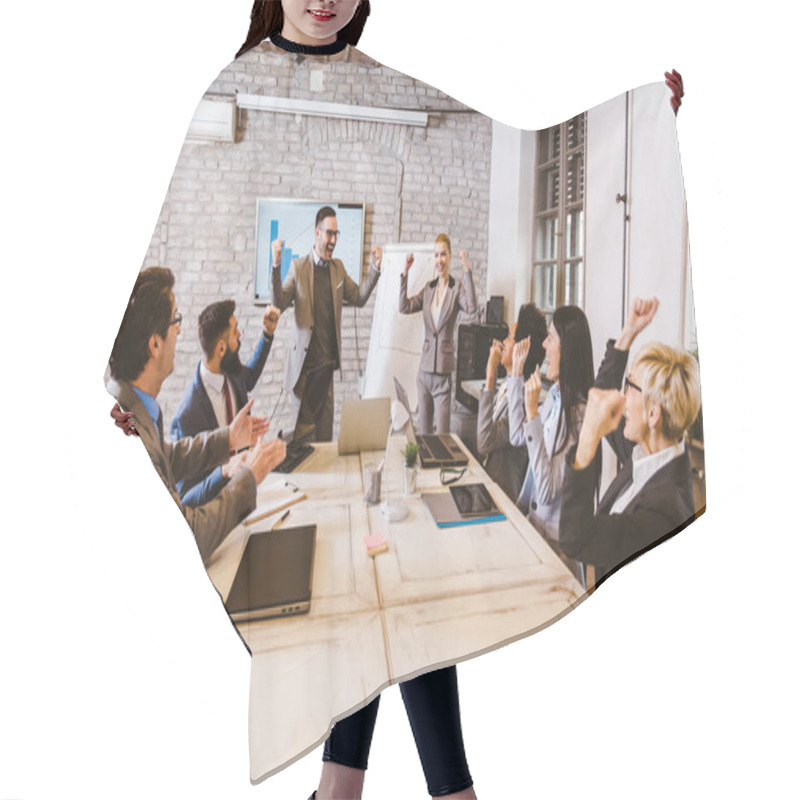 Personality  Group Of Happy Colleagues Talking While Having Business Meeting In The Office. Hair Cutting Cape