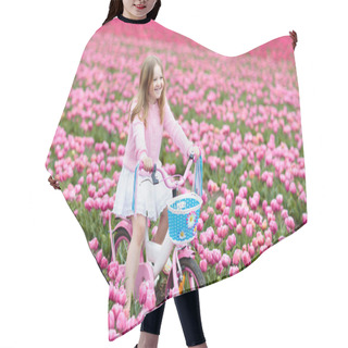 Personality  Child On Bike In Tulip Field. Bicycle In Holland. Hair Cutting Cape