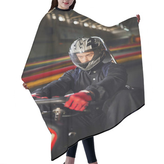 Personality  Concentrated Racer In Helmet Driving Go Kart Car On Indoor Circuit, Motorsport Competition Concept Hair Cutting Cape