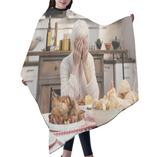 Personality  Depressed Woman Obscuring Face With Hands While Sitting At Table Served With Thanksgiving Dinner Hair Cutting Cape