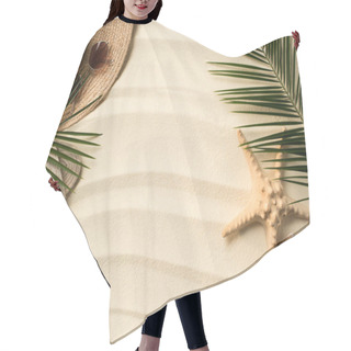 Personality  Flat Lay With Palm Leaves, Straw Hat And Flip Flops On Sandy Beach Hair Cutting Cape