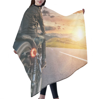 Personality  Motorcycle Rider Ready For Drive In Alps, Beautiful Sunset Sky Hair Cutting Cape