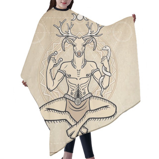 Personality  Horned God Cernunnos . Mysticism, Esoteric, Paganism, Occultism. Vector Illustration. Background - Imitation Of Old Paper, A Decorative Circle. Hair Cutting Cape