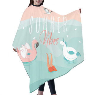 Personality  Hand Drawn Vector Stock Abstract Graphic Illustration With A Jumping Swimming Boy With A Unicorn And Flamingo Rubber Ring And Summer Vibes Typography Isolated On Ocean Wave Background Hair Cutting Cape