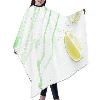 Personality  Top View Of Three Pieces Of Ripe Limes On White Surface With Green Watercolor Hair Cutting Cape